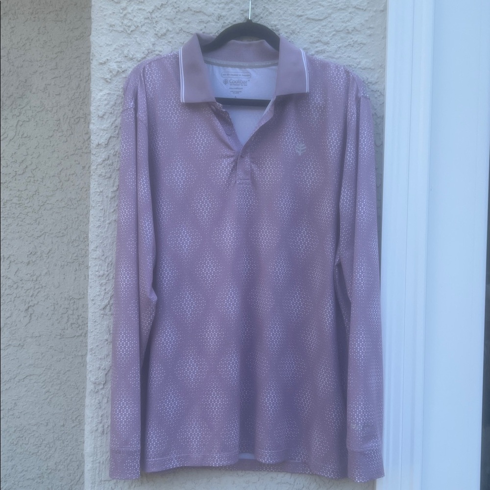 Coolibar Erodym Men's Mauve Polka Dot Long Sleeve UPF 50+ Golf Shirt Size L